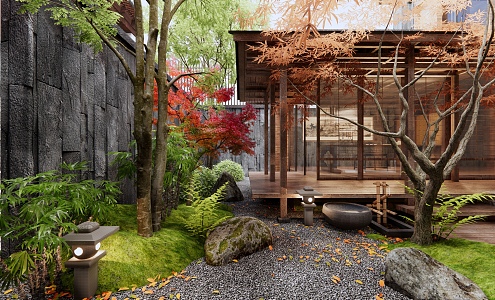 Japanese-style tea room withered landscape courtyard landscape plant pile landscape stone shrub water bowl red maple landscape tree 3d model