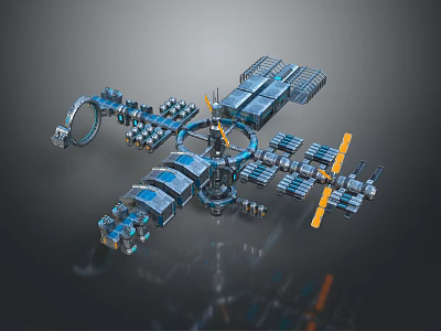 3D Rendered Space Station Structure With Connected Modules Ring Component And Orange Solar Panels 3d model