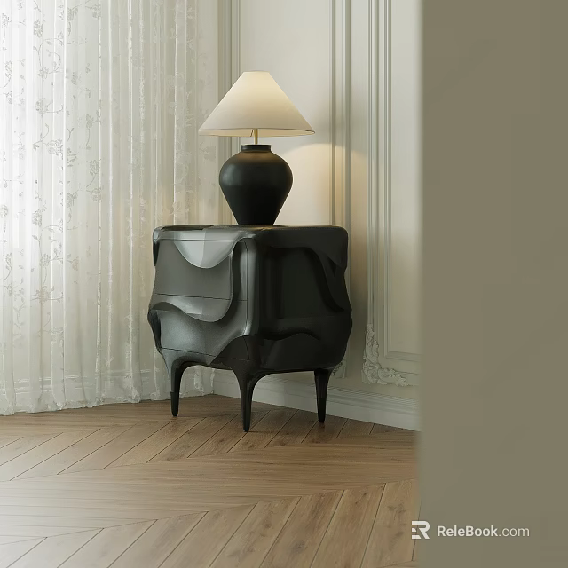 Modern Wavy Bedside Table With Black Lamp White Lampshade On Wooden Floor And White Curtains 3d model 