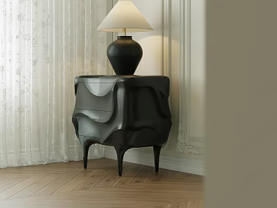 Modern Wavy Bedside Table With Black Lamp White Lampshade On Wooden Floor And White Curtains 3d model