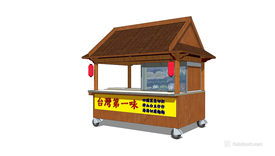Wooden Roofed Mobile Food Cart With Red Lanterns And Signboard 3d model 