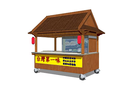 Wooden Roofed Mobile Food Cart With Red Lanterns And Signboard 3d model