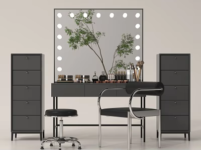 Stylish Perfumes And Cosmetics On Vanity Table With Lighted Mirror Drawer Cabinets And Green Plant 3d model