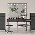 Stylish Perfumes And Cosmetics On Vanity Table With Lighted Mirror Drawer Cabinets And Green Plant
