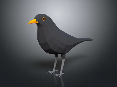 Low Poly Black Bird With Yellow Beak Eyes And White Legs On Dark Background 3d model