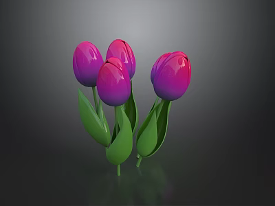Blooming Purple and Pink Gradient Tulips with Fresh Green Leaves on Stems 3d model