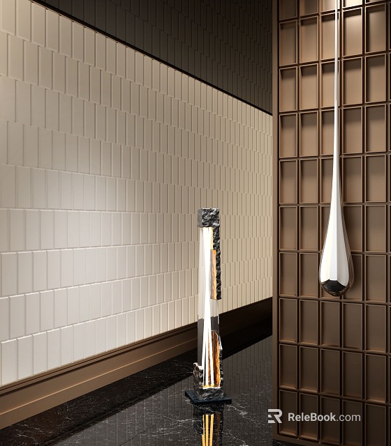 Modern Floor Lamp With Metal Design In Interior Setting By Tile Wall And Wooden Grid 3d model 