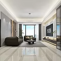 Modern Living And Dining Room With Gray TV Wall Black Coffee Table Green Plant And Gray Tones