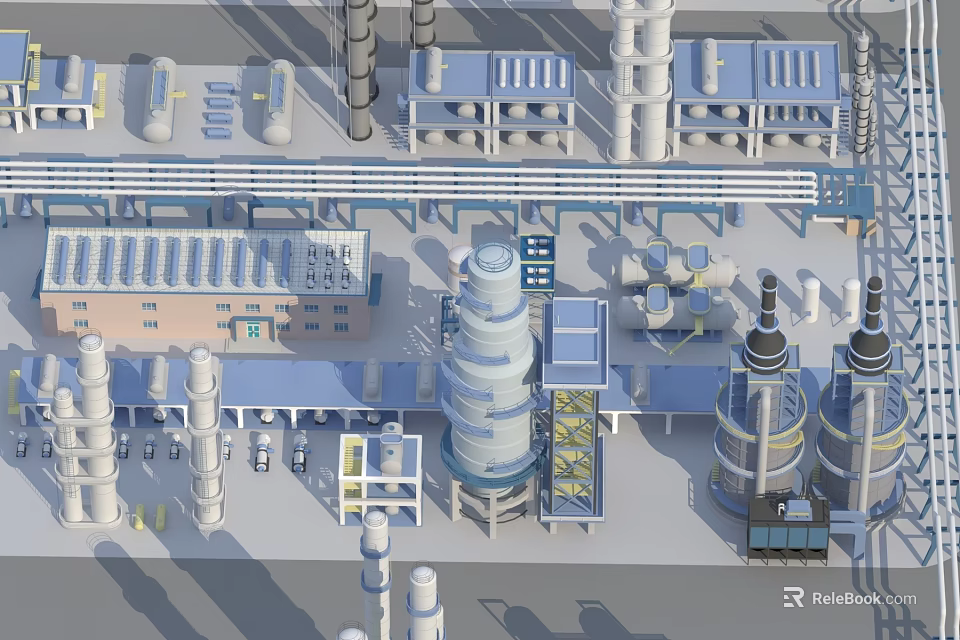 Industrial Plant Complex With Tall Towers Pipes Buildings And Processing Equipment 3d model 