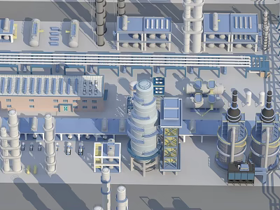 Industrial Plant Complex With Tall Towers Pipes Buildings And Processing Equipment 3d model