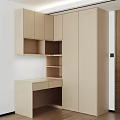 Modern Light Colored Wardrobe Interior With Open Shelves And Desk With Drawers