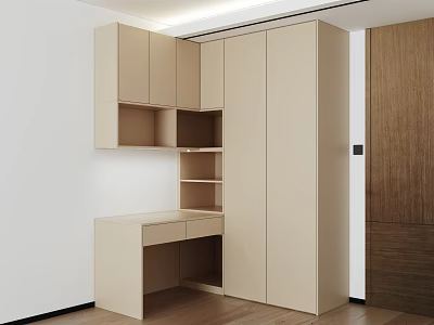 Modern Light Colored Wardrobe Interior With Open Shelves And Desk With Drawers 3d model