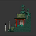 Traditional Japanese Shrine Building With Red Roof Torii Gate Green Pine Trees And Stone Steps