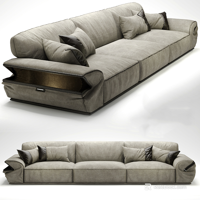 Three Seater Gray Fabric Sofa With Storage Compartment And Soft Cushions 3d model 