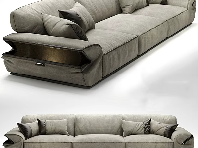 Three Seater Gray Fabric Sofa With Storage Compartment And Soft Cushions 3d model