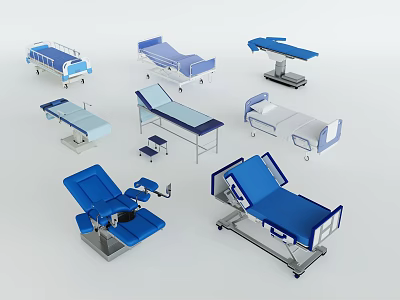 Diverse Medical Beds and Examination Tables with Blue White Frames for Clinical Use 3d model