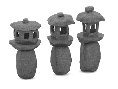 Traditional Stone Outdoor Lanterns Set Of Three With Hollow Design And Roof Top 3d model