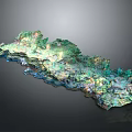 Colorful Irregular Terrain Model With Green Blue Gold Hues Rolling Mountains And Gullies