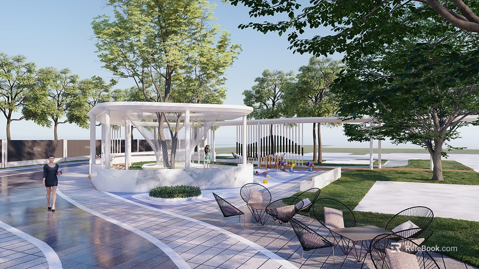 Outdoor Pergola Surrounded By Trees With Seating Area And Paved Pathway In Lush Greenery 3d model 