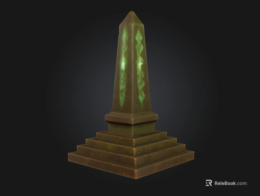 Stone Obelisk Architecture With Pointed Top Green Glowing Sections And Stepped Base 3d model 