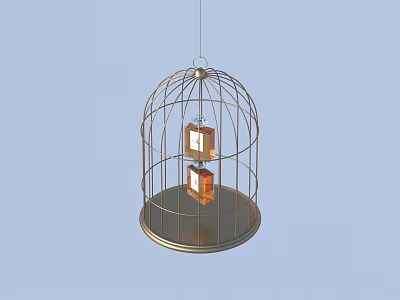 Elegant Decorative Hanging Metal Birdcage With Two Small Orange Square Ornaments 3d model