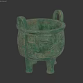 Ancient Bronze Landscape Sculpture With Animal Face Patterns Three Legs And Double Handles