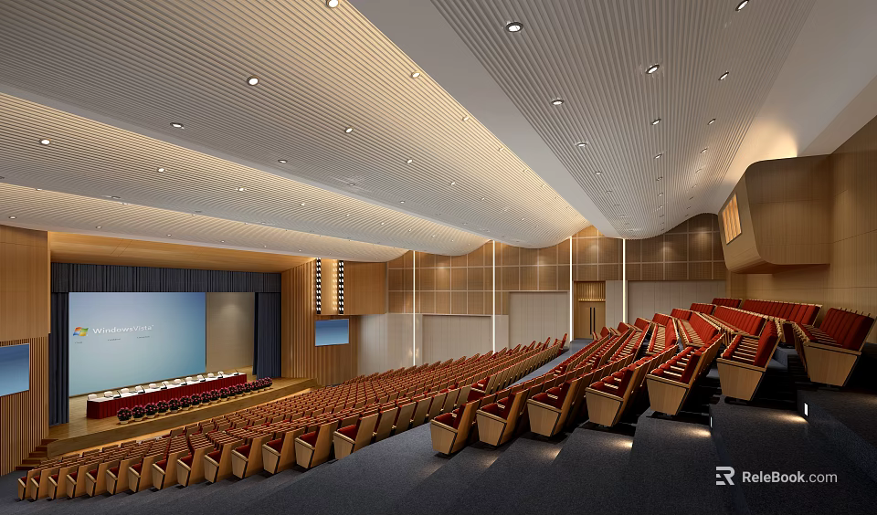 Modern Conference Room Interior With Red Seats Lectern Projection Screen And Ceiling Lights 3d model 