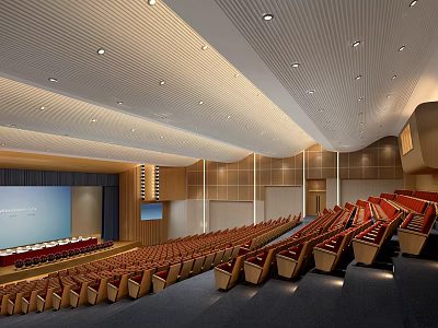 Modern Conference Room Interior With Red Seats Lectern Projection Screen And Ceiling Lights 3d model