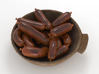 Clay Bowl Filled With Juicy Brown Cooked Sausages On White Background 3d model
