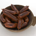 Clay Bowl Filled With Juicy Brown Cooked Sausages On White Background