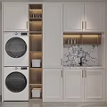 Modern White Bathroom Cabinet With Laundry Machines Marble Countertop And Open Shelves