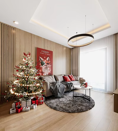 Festive Living Room Interior With Christmas Tree Red Cushioned Sofa Red Wall Poster And Chandelier 3d model