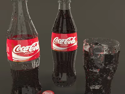 Refreshing Coca-Cola Carbonated Drink in Glass Bottles and Ice Filled Glass 3d model