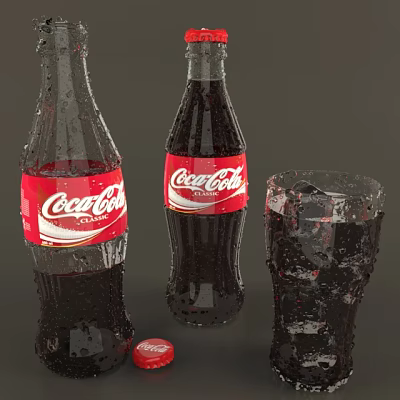 Refreshing Coca-Cola Carbonated Drink in Glass Bottles and Ice Filled Glass 3d model