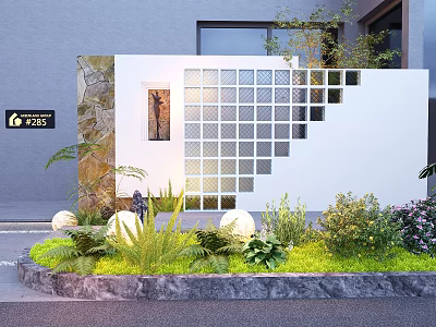 Contemporary Outdoor Feature Wall Design With Glass Blocks And Garden Greenery 3d model