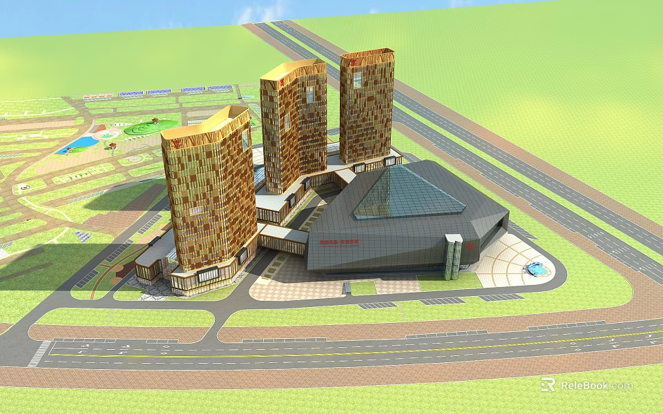 Aerial Planning of Modern Urban Landscape With Three Tall Buildings And Commercial Center 3d model 
