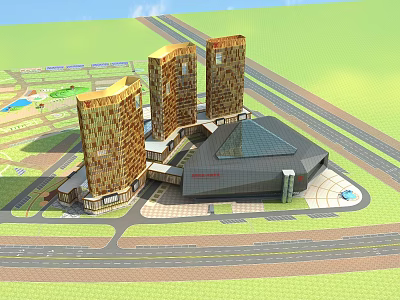Aerial Planning of Modern Urban Landscape With Three Tall Buildings And Commercial Center 3d model