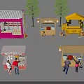 Colorful Street Food Stalls With People Around Trees And Various Designs