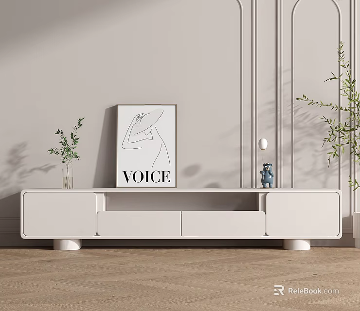 Modern White TV Stand with Artwork Plants and Decorative Items on Wooden Floor 3d model 