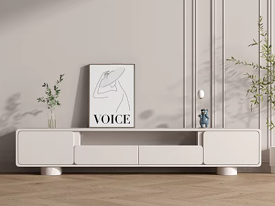 Modern White TV Stand with Artwork Plants and Decorative Items on Wooden Floor 3d model