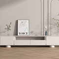Modern White TV Stand with Artwork Plants and Decorative Items on Wooden Floor