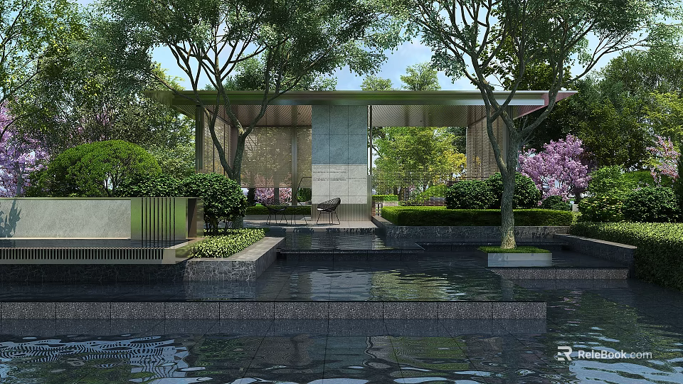 Modern Garden Landscape Design With Pavilion Greenery Purple Flowers Water Pool And Stone Platform Reflection 3d model 
