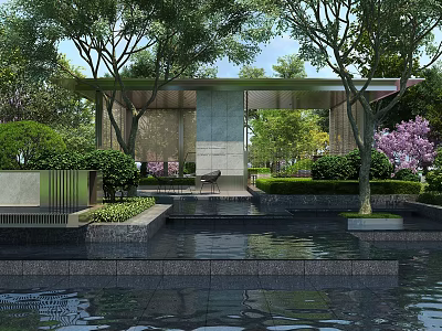 Modern Garden Landscape Design With Pavilion Greenery Purple Flowers Water Pool And Stone Platform Reflection 3d model
