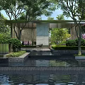 Modern Garden Landscape Design With Pavilion Greenery Purple Flowers Water Pool And Stone Platform Reflection