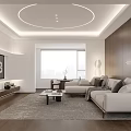Modern Living Dining Room Interior with Wooden Wall Beige Sofa Coffee Table Circular Ceiling Light