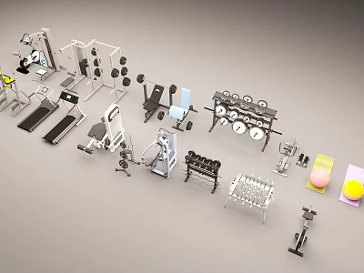 Sports Equipment Collection With Treadmill Dumbbells Barbells Weight Bench Smith Machine And Exercise Ball 3d model