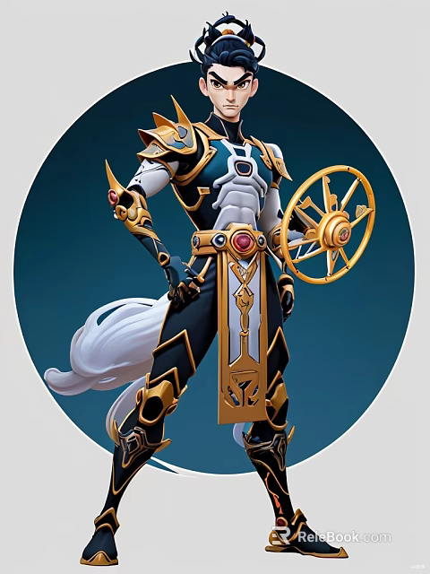 Ornate Sculpture Featuring Gold White Armor Golden Wheel White Flowing Ribbons Red Gemstone Decorations 3d model 