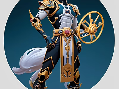 Ornate Sculpture Featuring Gold White Armor Golden Wheel White Flowing Ribbons Red Gemstone Decorations 3d model