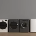 Four White And Black Washing Machines On Wooden Floor With Gray Background