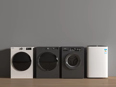 Four White And Black Washing Machines On Wooden Floor With Gray Background 3d model